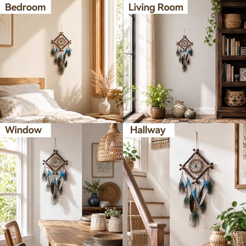 Rattan Dream Catchers with Peacock Feather, Boho Wall Decor Rustic Wooden Native American Wall Art for Bedroom Living Room (Blue Peacock) - color: Blue Peacock