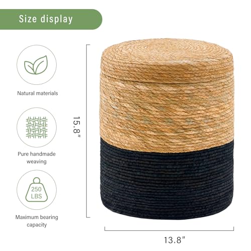 Wimarsbon Storage Pouf Ottoman, Hand Weaving Natural Straw Foot Stool, Bohemian Round Patio Ottomans, Rustic Lounge Pouffe, Outdoor Extra Seat for Garden (14inch Cattail+Black Corn Husk L) - color: 14inch Cattail+black Corn Husk L