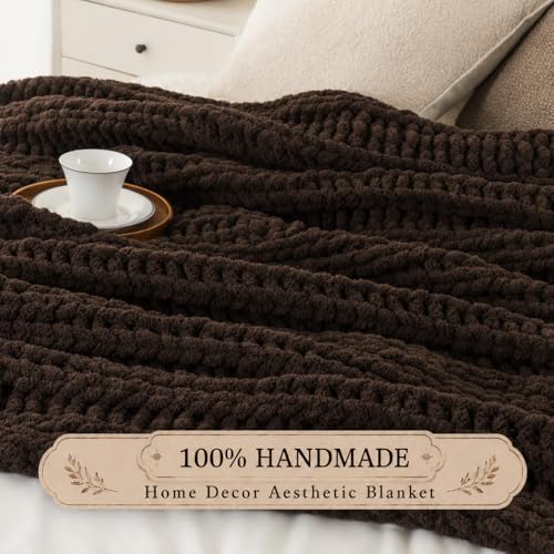 Battilo Chunky Knit Throw Blanket for Couch, Hand Made Chenille Throw Blanket, Super Soft Warm Cozy Brown Blanket for Bed, Sofa, Living Room, 50"x60" - color: Brown