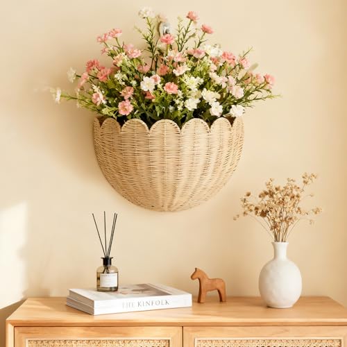 Scalloped Wicker Wall Basket - Rattan Hanging Storage Organizer, Decorative Basket for Nursery, Bathroom, Front Door, 16"×10"×7", Perfect for Flowers, Mail, Toys