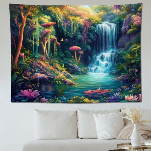 keowhsf Forest Waterfall Tapestry with Mushrooms and Flowers – Colorful Floral Plants Natural Landscape Wall Art, Fantasy Aesthetic Wall Hanging for Bedroom Decor - color: Waterfall, size: 60"L x 44"W