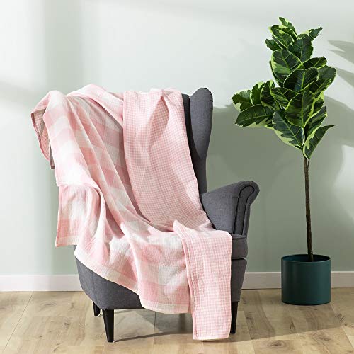 Cotton Muslin Throw Blanket with Buffalo Check Pattern, Vintage Indoor and Outdoor Use, Reversible and Breathable Fabric for Yard Picnics, King Size 104" x 94", Bedding or Chair Cover, Pink - color: Root={'value': "['Pink']"}, size: \'King (104" x 94")\'