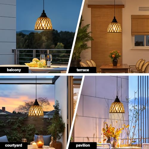 2 Pack Bamboo Chandelier/Dimmer, Waterproof Outdoor Pendant Light for Patio/Gazebo, Hand-Woven Boho Style, Battery Operated (No Wiring)