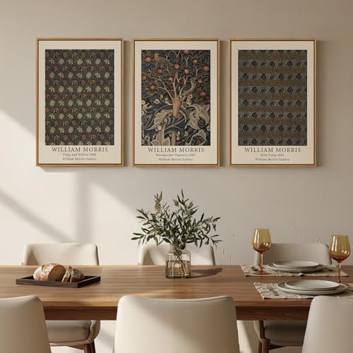 Framed Vintage William Morris Canvas Wall Art Set of 3, Nature Rustic Botanical Artwork for Walls, Retro Classic Floral Illustrations Paintings Pictures for Living Room, Bedroom, Dining Room, Hallway, Office Wall Decor, Total Size 30x60 in - color: Green-