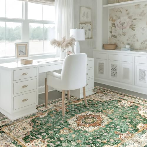 Green Rug 3'x5',Washable Area Rugs for Bedroom Living Room Kitchen Entryway Bedside,Small Boho Vintage Bohemian Distressed Oriental Non Slip Carpet,Retro Sage Floral - color: Green, size: 3'x5'