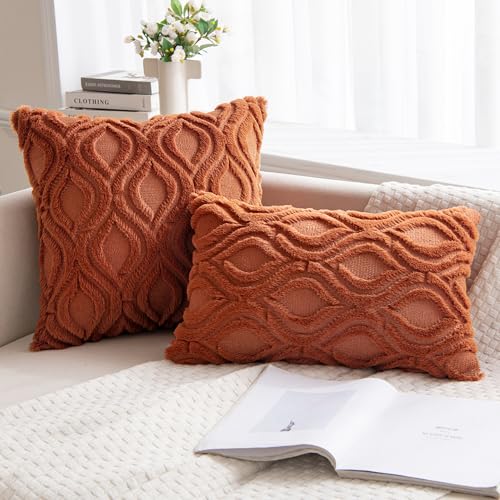 MIULEE Rust Fall Throw Pillow Covers 18x18 Inch, Soft Plush Faux Wool Solid Couch Pillows Set of 2, Decorative Farmhouse Boho Cushion Covers for Sofa Living Room Bed Home Decor - color: Rust, size: 18" x 18" (Pack of 2)