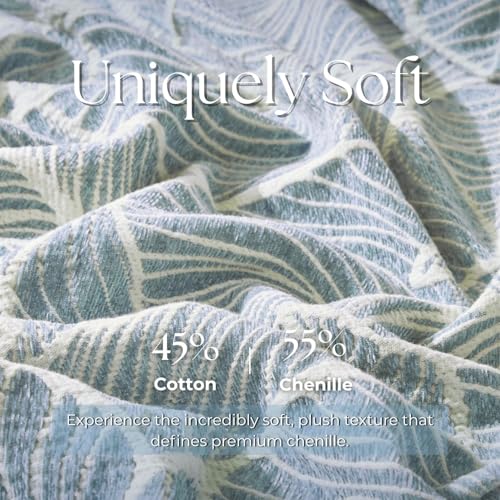 DOWN HOME Chenille Cotton Throw Blanket for Couch, Lightweight Boho Blanket for Bed Sofa Chair Living Room Outdoor Soft Woven Decorative Blanket with Tassel Gift Blue Leaves 60"x80" - color: Blue, size: 60"x80"