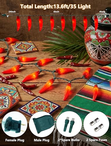 35 LED Red Chili Pepper Christmas Lights, 13.6Ft Outdoor String Lights with Warm White Bulbs, Plug in Fairy Lights for 4th of July Kitchen Patio Garden Decor, Cook Off Decorations for Cinco De Mayo - color: Red Pepper