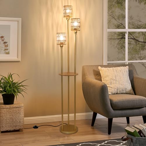 Boho Floor Lamp with Shelves, 3-Lights Farmhouse Tall Floor Lamp with ON/Off Foot Switch, Gold Modern Floor Lamps with Rattan Shades, Rustic Standing Lamp for Living Room, Bedroom, Office - style: Gold-Rattan Shade