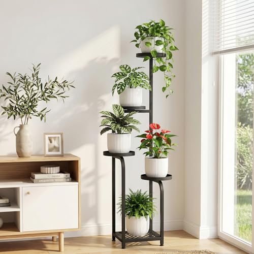TOSKING 5 Tier Tall Plant Stand Indoor Outdoor,Anti-Tip Plant Stand indoor, Wide Base for Pots, Child and Pet Friendly,Heavy Duty Corner Shelf for Plants & Decor, Space Saving ,Tiered Metal Flower Pot Stand for Balcony, Garden, Living Room, Patio (Black,