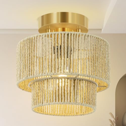 BoostArea 8.66” Boho 2-Tier Rattan Ceiling Light Fixture, Semi Flush Mount Woven Chandelier for Bedroom, Dining Room, Kitchen, Entryway, Living Room(Bulb not Included) - color: Beige