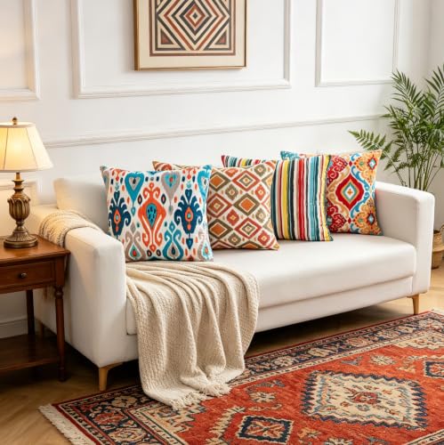 Boho Throw Pillow Covers 18x18 Set of 4 Colorful Ikat Geometric Decorative Cushion Covers with Hidden Zipper Soft Polyester Double Sided Print Machine Washable, No Inserts - color: Rainbow, size: 18" x 18" (Pack of 4)