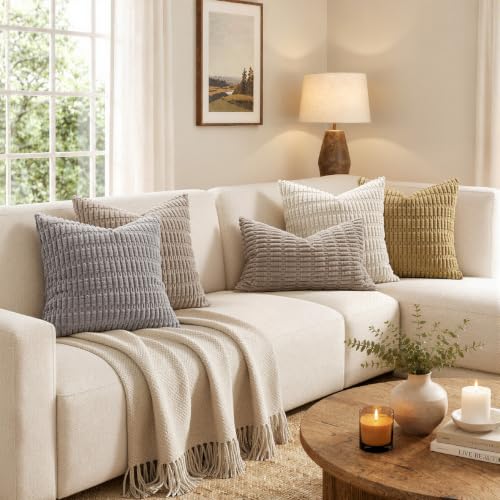 MIULEE Pack of 2 Corduroy Decorative Throw Pillow Covers 12x12 Inch Soft Boho Striped Pillow Covers Modern Farmhouse Home Decor for Sofa Living Room Couch Bed Light Brown - color: Light Brown, size: 12" x 12" (Pack of 2)