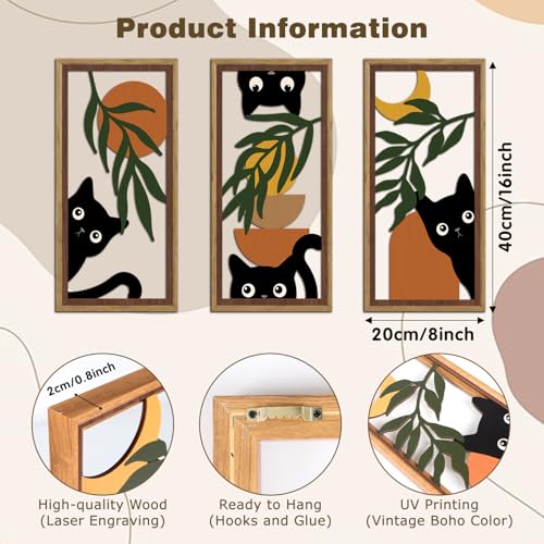 KAIRNE Boho Black Cat Wall Art,Green Leaves Wood Wall Decor Set of 3(16”X8”),Farmhouse Geometric Wooden Cat Wall Decor,Mid-Century Bohemian Moon Sun Design for Friends Family Bedroom Living Room Decor - color: Cat Boho, size: 8"L x 16"W