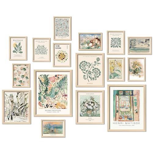 ANERZA 16 PCS Framed Sage Green Wall Art Decor, Matisse Wall Prints for Bedroom, Gallery Wall Frame Set, Abstract Posters for Living Room Aesthetic, Collage Kit Pictures, Boho Dorm Home Decor - color: Sage green, size: 12"x15" Framed