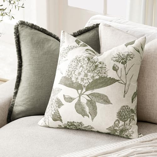 Foindtower Set of 2 Linen Floral Vintage Throw Pillow Covers Neutral Accent Print Decorative Cushion Covers Farmhouse Home Decor for Sofa Chair Couch Bedroom Living Room,18×18 Inch,Sage Green - color: Cedar Green, size: 18" x 18" (Pack of 2)