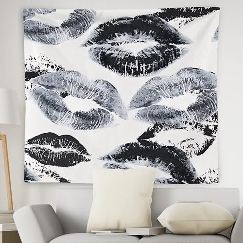WNAGT Trendy Black and White Kiss Lips Tapestry Wall Hanging, Funky Makeup Wall Decor, Fashion Aesthetic Wall Blanket Decor for Girls Room College Dorm Makeup Room Beauty Room, 50x60 Inch - color: black