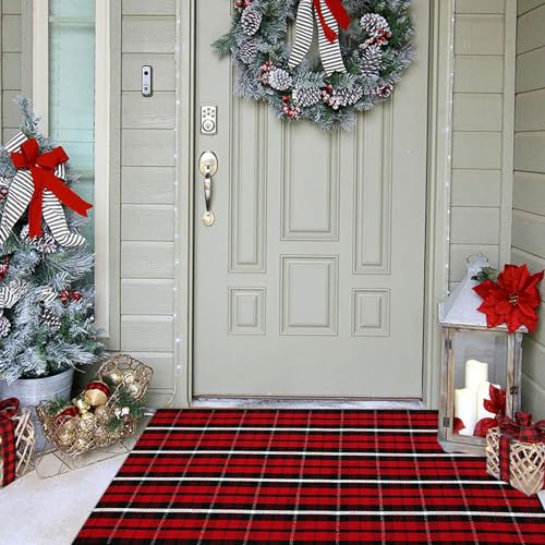 Christmas Plaid Outdoor Rug, 2'4" x 3'7" Red & Black Check Indoor/Outdoor Area Rug, Layering Rug for Hello/Welcome Door Mat, Machine Washable Cotton Woven Farmhouse Mat for Front Porch Décor - color: Christmas Plaid, size: 2'4" x 3'7" (Rectangular)