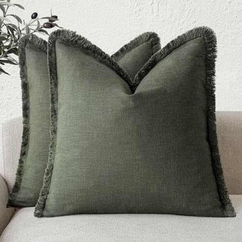 Foindtower Set of 2 Decorative Linen Fringe Throw Pillow Covers Cozy Farmhouse Cushion Cover with Tassels Accent Pillowcase for Couch Chair Sofa Bed Living Room Home Decor,16×16 Inch,Dark Olive Green - color: Rifle Green, size: 16" x 16" (Pack of 2)