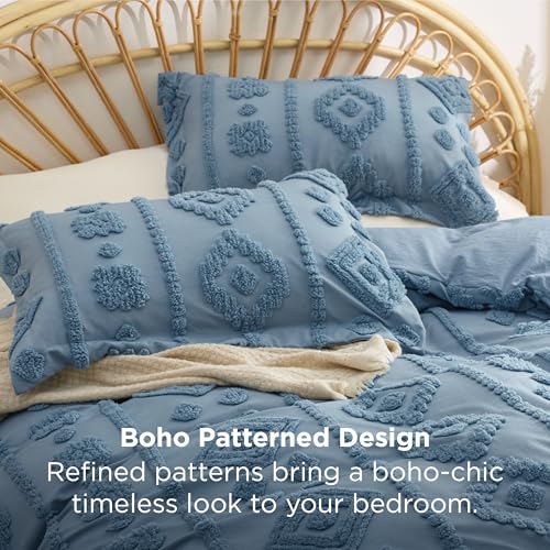 Bedsure Boho Tufted Blue Comforter Set Queen Size, GentleSoft™ 3 Pieces Boho Farmhouse-Style Decor Bedding, Exquisite Bedding for All Seasons, 1 Bed Comforter, 2 Pillow Shams, 90x90 Inches - color: 03 - Distressed Vintage Grayish Blue, size: Queen (90" x