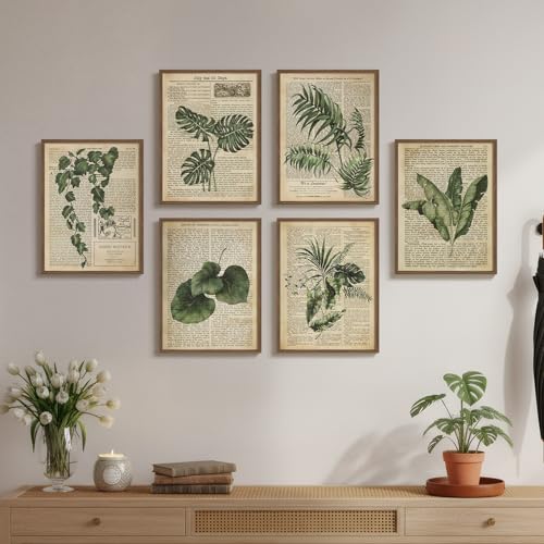 Framed Vintage Botanical Wall Art, Set of 6 Green Leaf and Fern Canvas Painting Prints, Rustic Farmhouse Plant Artwork for Living Room Bedroom Kitchen Dining Room Office Apartment Decor, 11x14 Inch - color: Retro Ferns - Walnut Framed, size: 11" W x 14" H