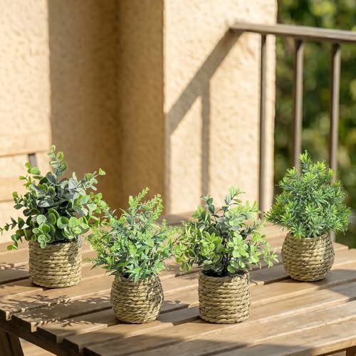 Small Fake Potted Plants: 9 Inches Artificial Plants with Seagrass Handwoven Planters, Indoor Farmhouse Decorations, Eucalyptus Plant for Home Bathroom Office Shelf Tabletop Desk Room Decor