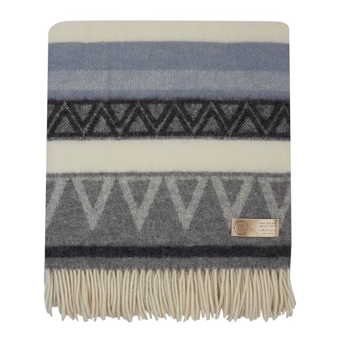 | Wool Blanket/Throw | 100% New Zealand Wool | Perfect for Home and Outdoors | Virgin Wool Throw with Fringes 67"x79" (170 x 200 cm) - color: Blue Geometry, size: Queen