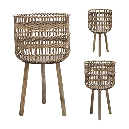 Sagebrook Home Set of 3 Wooden Planter Stands Bamboo Decorative Flower Pots for Indoor Outdoor Use, Rustic Woven Plant Holders with Legs for Home & Garden Decor, 19", 22"& 26" H - color: Woven Brown, size: 26" H