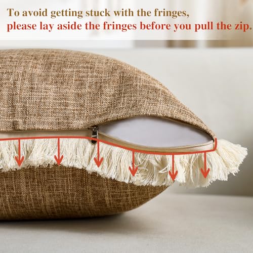 Faux Linen Pillow Covers with Tassels Fringed Boho Farmhouse Decorative Throw Pillowcase Rustic Woven Textured Cushion Case for Sofa Couch Bedroom Living Room Home Decor 18x18 Inch Khaki Set of 2 - color: Khaki, size: 18" x 18" (Pack of 2)