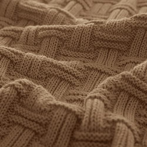 RUDONG M Light Brown Cotton Cable Knit Throw Blanket, Cozy Warm Knitted Couch Cover Blankets, 60 x 80 Inch - color: Light Brown, size: Twin(60" x 80")