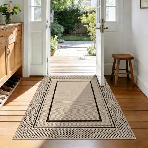 Capslpad Easy Jute 3x5 Outdoor Rug, Geometry Line Patio Rug, Washable Front Porch Rug, Farmhouse Non-Slip Entryway Rugs for Indoor Outdoor, Black - color: Black, size: 3' x 5' (Rectangular)
