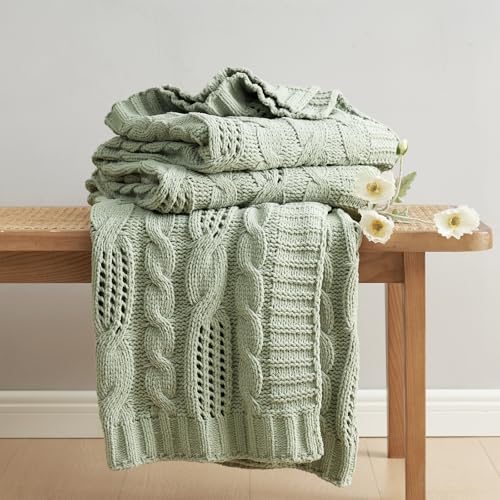 Amélie Home Chunky Knit Throw Blanket, Dual-Sided Soft Chenille Breathable Cable Knitted Blanket for Couch, Farmhouse Decorative Throw for Sofa & Chair, 50"x60", Sage Green - color: Sage Green, size: Cable Knit 50"x60"