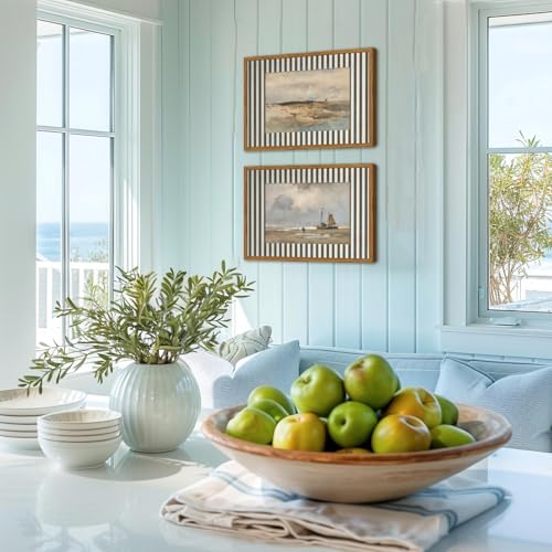 Framed Vintage Coastal Landscape Wall Art Set of 2, Retro Blue and White Striped Beach Sailboat Pictures Wall Decor, Rustic Beachy Nautical Paintings Canvas Prints for Living Room Bathroom 16x24 inch - color: Blue and White Striped, size: 24L" x 16W"