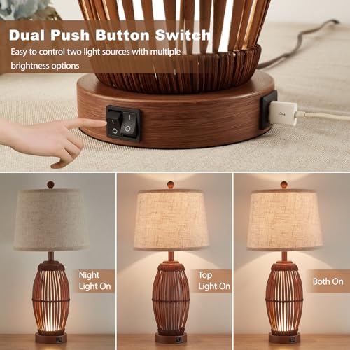 27” Vintage Bamboo Woven Table Lamps Set of 2, Farmhouse Rattan Bedside Lamps for Bedroom Livingroom Office Study with Nightlight and USB A+C, Bulbs Included