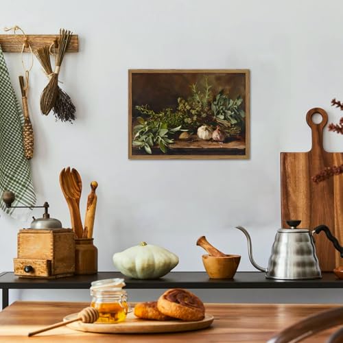 Framed Vintage Kitchen Wall Art, Rustic Garlic and Herbs Pictures Wall Decor Paintings, Farmhouse Cottagecore Canvas Prints Artwork for Home Dining Room Living Room 12x16 inch - color: Garlic and Herbs, size: 16"L x 12"W