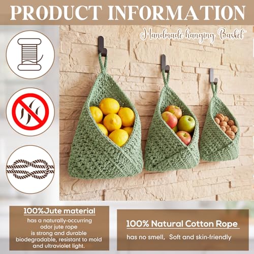 Honeydak Boho Decor Hanging Wall Baskets for Kitchen 3 Pack Teardrop Baskets with Hooks Storage Fruit Onion Vegetable Potato for Home 3 Sizes(Sage Green,Triangle,Cotton Rope) - color: Sage Green, size: Cotton Rope, style: Triangle