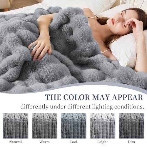Faux Rabbit Fur Throw Blanket for Couch(60x80 inches), Soft Fluffy Thick Bubble Blanket for Bed Sofa Living Room, Warm Plush Cozy Blanket, Gray - color: Gray, size: Twin60"x80"