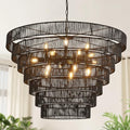 39.4" Large Rattan Chandelier, 15-Light Black Boho Woven Wicker Chandeliers, 7-Tier Rustic Farmhouse Drum Light Fixture for Dining Room, Kitchen, Living Room, Entryway, E12 - color: Black 39IN