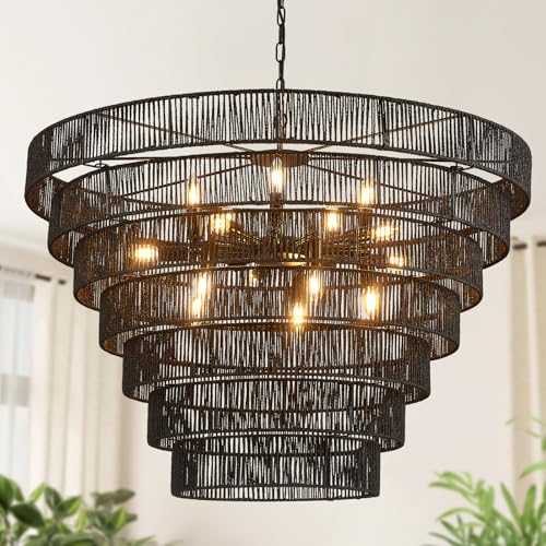 39.4" Large Rattan Chandelier, 15-Light Black Boho Woven Wicker Chandeliers, 7-Tier Rustic Farmhouse Drum Light Fixture for Dining Room, Kitchen, Living Room, Entryway, E12 - color: Black 39IN