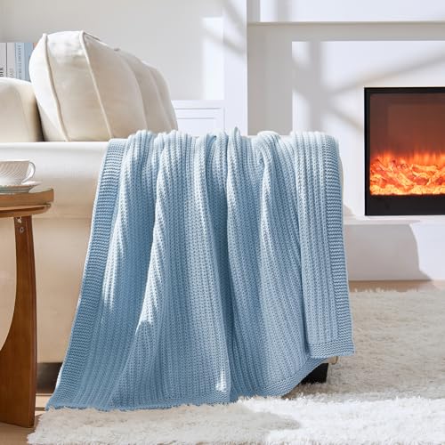 Chunky Knit Blue Throw Blanket for Couch Soft Cozy Thick Cable Knitted Throw Blankets for Sofa Bed Cute Decorative Throw Blanket for Living Room,50"x 60",Light Blue - color: Light Blue, size: 50"x 60"