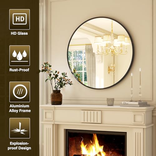 XRAMFY 18-Inch Round Wall Mirror with Aluminum Alloy Metal Frame - Ideal for Entryway, Bathroom, Vanity, Living Room - Black Finish Circle Mirror for Stylish Home Decor - color: Round-black, size: 18"L x 18"W