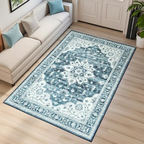 3x5 Large Entryway Rug Indoor, Coastal Blue White Non-Slip Backing Area Rugs for Kitchen - Vintage Boho Distressed Washable Rug, Soft Low Pile Carpet for Office, Lounge, Bedroom Bedside - color: Coastal Blue White, size: 3' x 5' (Rectangular)