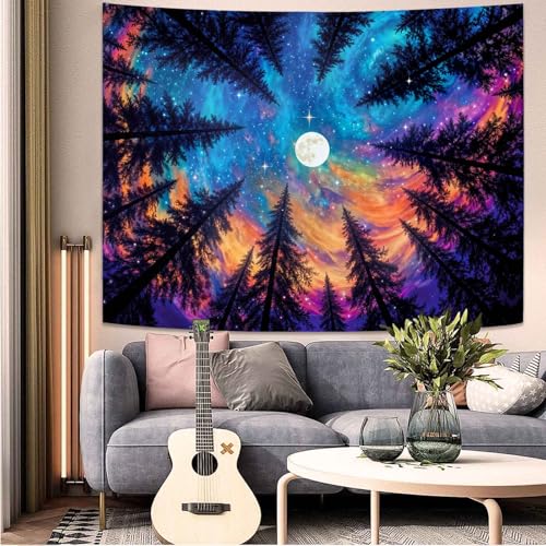 Wegklazax Celestial Forest Sky Tapestry, Artistic Fantasy Wall Art for Room Decor, Vibrant Night Home Decor 60" L x 44" W - color: Blue Purple, size: 60"L x 44"W
