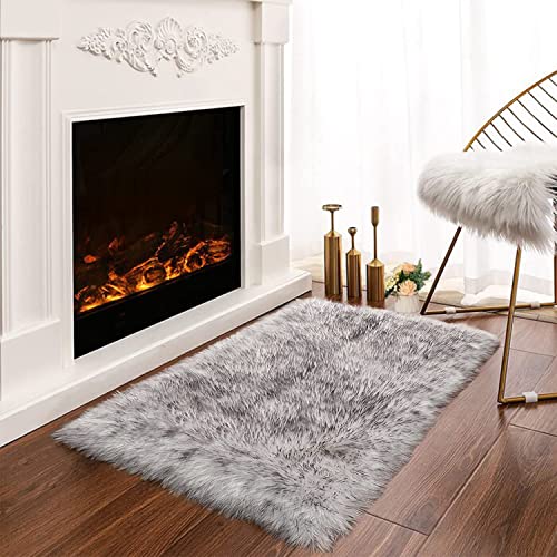 Latepis White with Grey Tips Small Bedroom Washable Soft Shaggy 2x3 Rug Fuzzy Rug Faux Sheepskin Fur Rug for Cushion Cat Mat Home Decor Rectangle - color: White With Grey Tips, size: 2' x 3' (Rectangular)