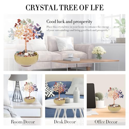 7 Chakra Crystal Tree with Ceramic Base,Natural Gemstone Feng Shui Money Tree for Wealth,Good Luck & Positive Energy,Handmade 5 Inch Healing Abundance Bonsai for Home Office Decor - color: 7 Chakras Vase Tree-2