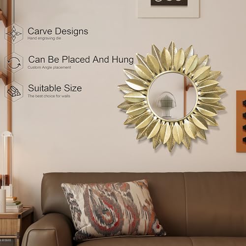 24" Gold Sunburst Decorative Wall Mirror – Handmade Flower Design, Luxury Round Accent Mirror Boho Wall Decor for Bedroom,Entryway, Dining Room & Kitchen - color: Gold, size: 23.6“*23.6*