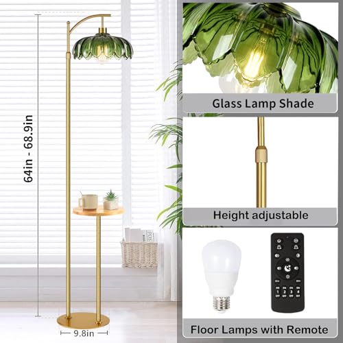 QIYIZM Glass Floor Lamp with Table and Shelves for Living Room Bedroom,Gold Standing Lamp with Remote Dimmable,Boho Brass Tall Lamp Vintage Farmhouse Arc Green Flower Floor Light Bohemian - size: 23-Floor Lamp