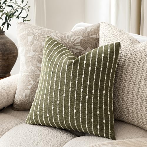 Foindtower Pack of 2 Decorative Jacquard Boucle Throw Pillow Covers Accent Textured Striped Pillowcases Soft Boho Modern Cushion for Couch Sofa Bedroom Living Room Home Decor 20x20 Inch Olive Green - color: Olive Green, size: 20" x 20" (Pack of 2)