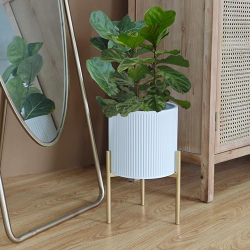 ARNIS Modern Planter Pots, Set of 2 Round Large Planters with Stand, Decorative Floor Planters, Metal Pots with Drainage Holes for Living Room, Office, Garden or Balcony, 8.25 &10.5 Inch, White & Gold - color: White, size: 8.25 &10.5