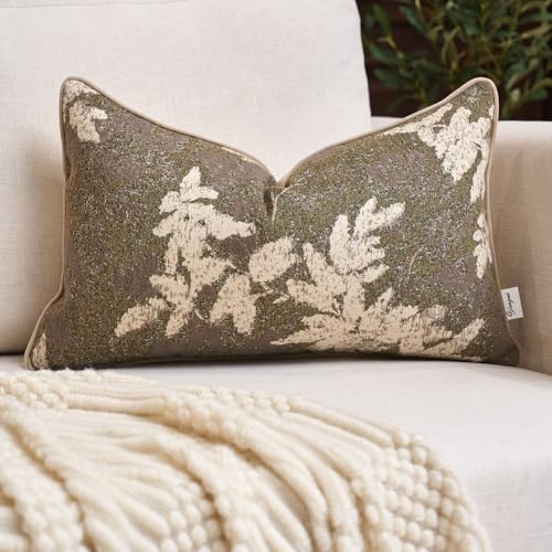 Yangest Neutral Leaf Pillow Cover 12 x 20 Inches, Vintage Chenille Rectangle Throw Pillow Cover Soft Leaves Nature Accent Couch Pillow Cover for Living Room Bedroom, Beige - color: Beige, size: 20" x 12" (Pack of 1)